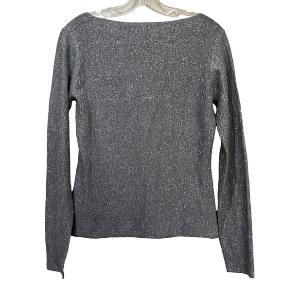TSE Medium Cashmere Blend Silver Metallic Long Sleeve Scoop Neck Blouse Y7 - Picture 2 of 4